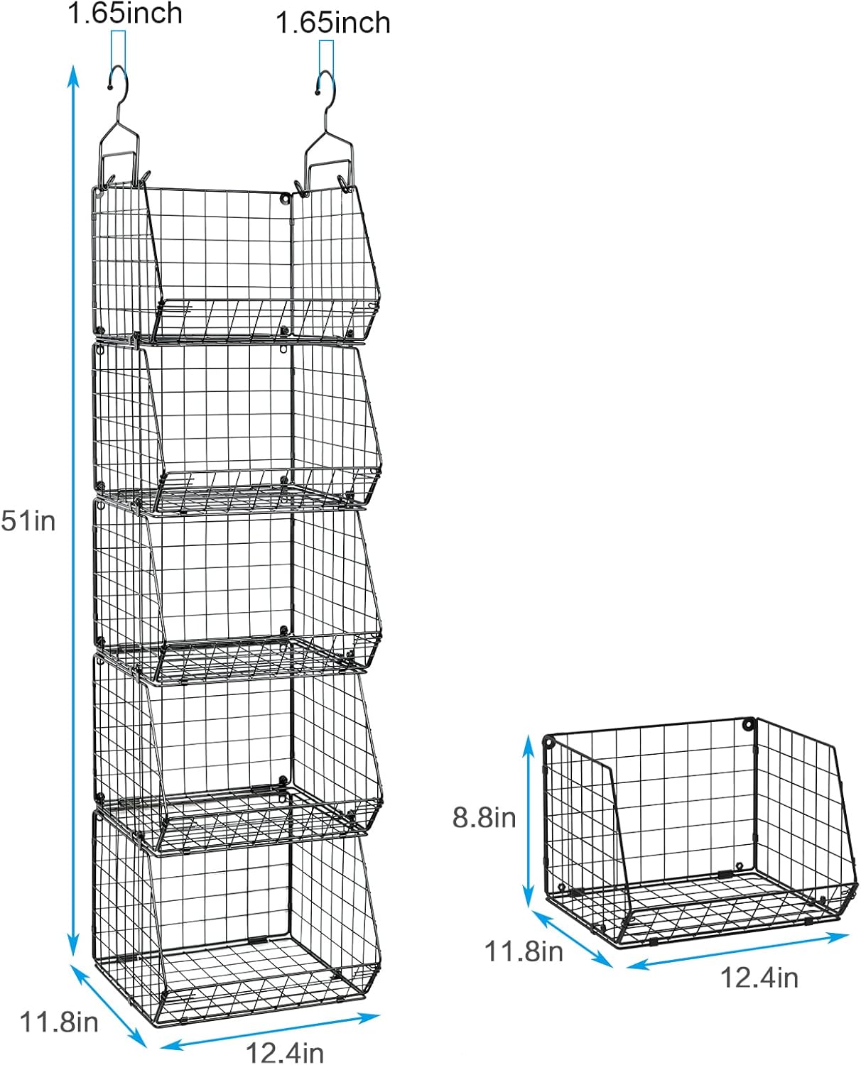 5 Tier Closet Hanging Organizer, Clothes Hanging Shelves with 4 Hanging Hooks 5 S Hooks, Wire Storage Basket Bins, for Clothing Sweaters Shoes Handbags Clutches Accessories Patent Design