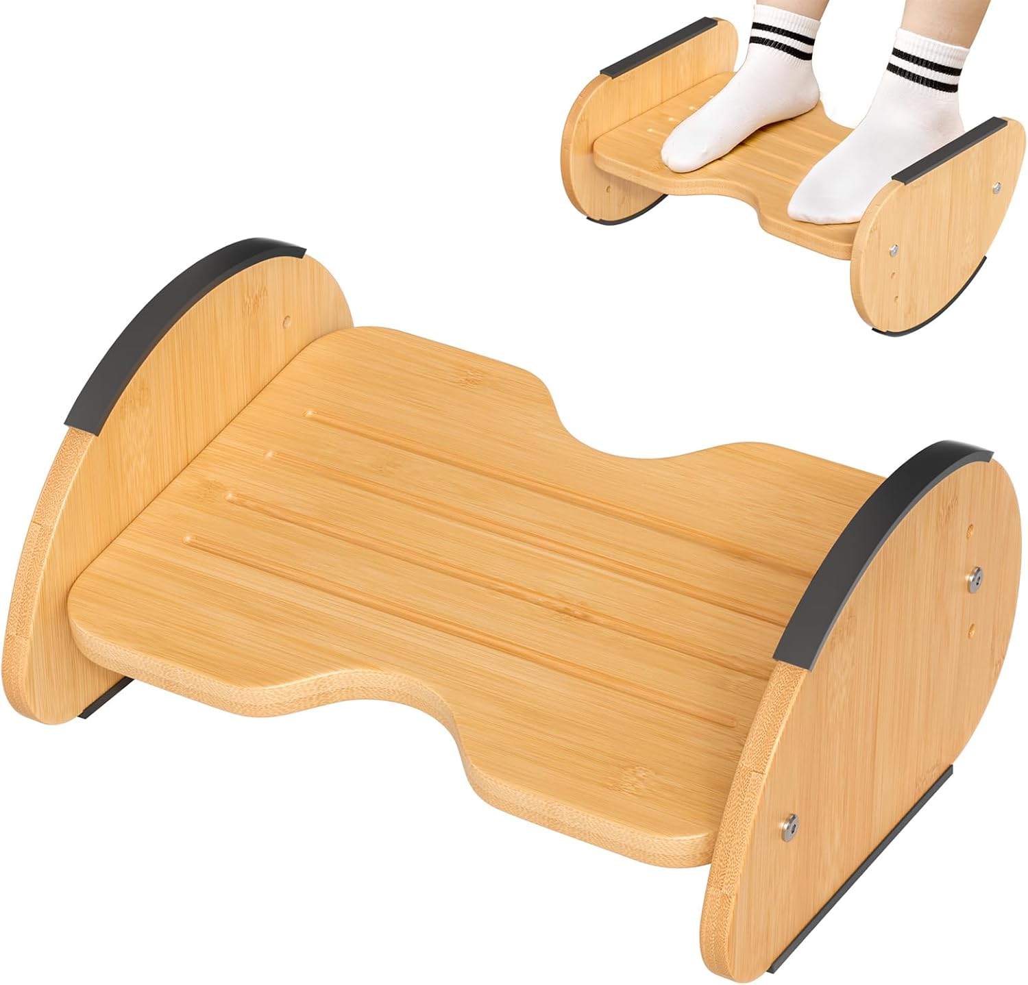 Amazer Bamboo Under Desk Footrest with Cushion 3-in-1, Reversible Ergonomic Wood Rocking Foot Rest for Under Desk at Work, Adjustable Foot Stools with Washable Cover, Desk Leg Rest for Home Office