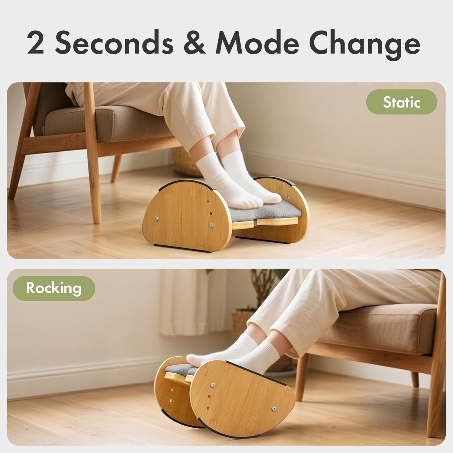 Amazer Bamboo Under Desk Footrest with Cushion 3-in-1, Reversible Ergonomic Wood Rocking Foot Rest for Under Desk at Work, Adjustable Foot Stools with Washable Cover, Desk Leg Rest for Home Office