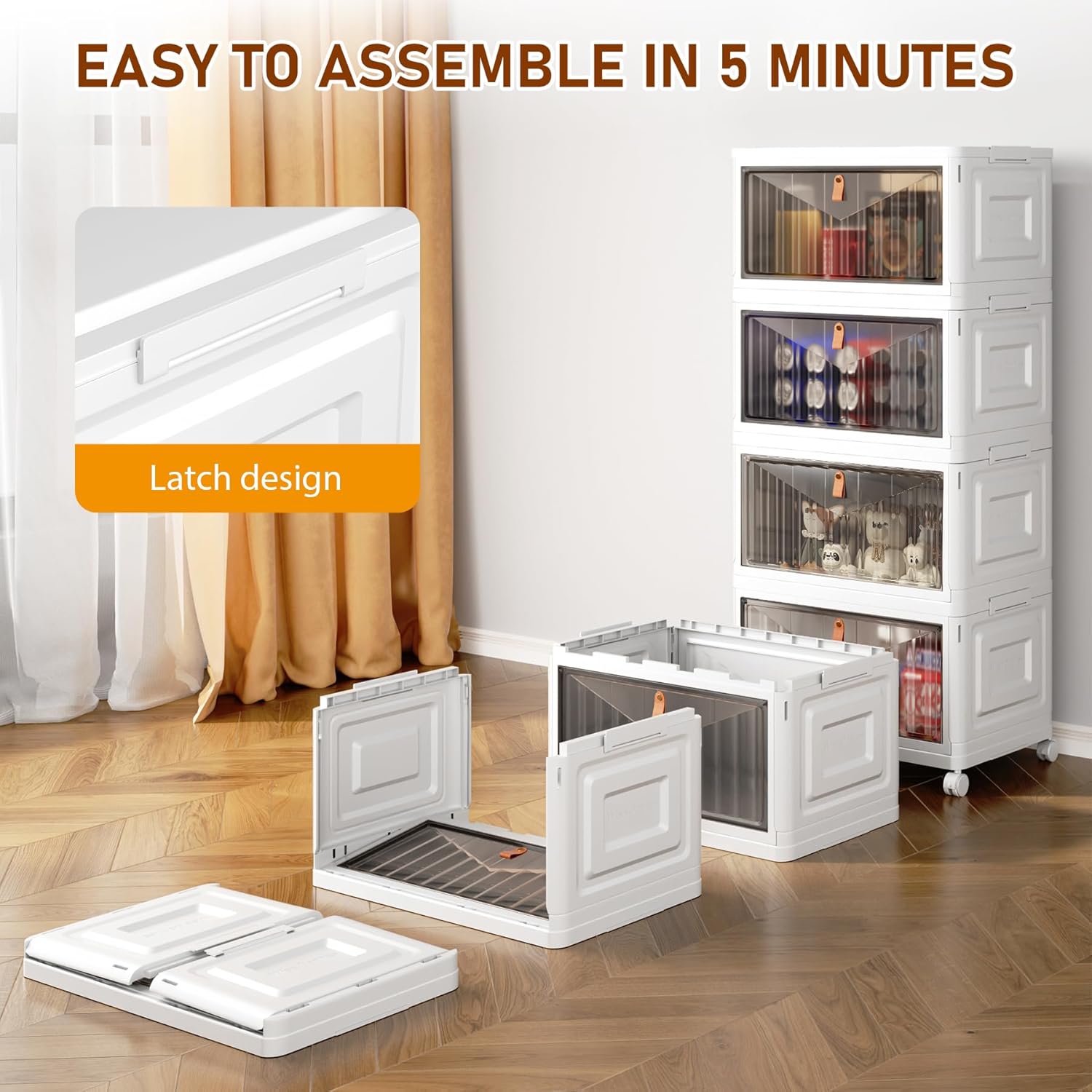 4 Tier Storage Bins with Lids, 23QT Stackable Closet Organizers and Storage with Wheels, Collapsible Storage Boxes, Foldable Plastic Storage Containers for Home,Office, Dorm Room-White