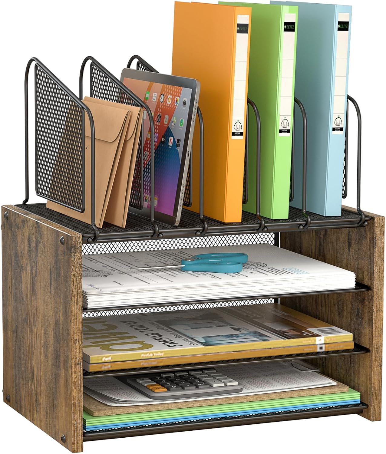 4-Tier Mesh Desk Organizer, Wooden Desk File Organizer with 5 Vertical File Holders and 2 Pen Holders, Desktop Organizers and Accessories with Drawer for Home Office