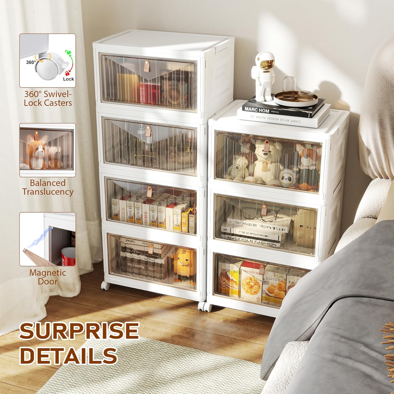 4 Tier Storage Bins with Lids, 23QT Stackable Closet Organizers and Storage with Wheels, Collapsible Storage Boxes, Foldable Plastic Storage Containers for Home,Office, Dorm Room-White