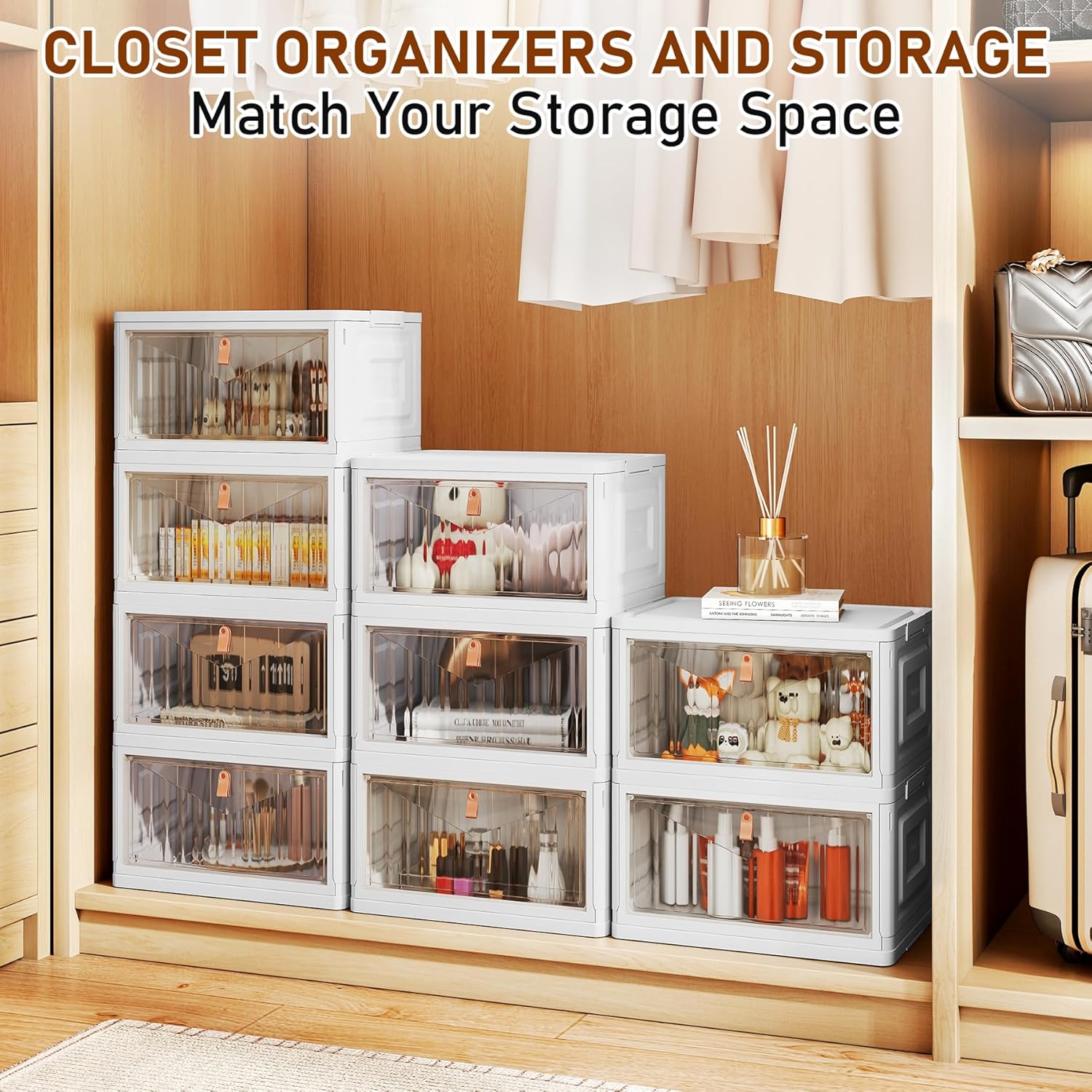 4 Tier Storage Bins with Lids, 23QT Stackable Closet Organizers and Storage with Wheels, Collapsible Storage Boxes, Foldable Plastic Storage Containers for Home,Office, Dorm Room-White