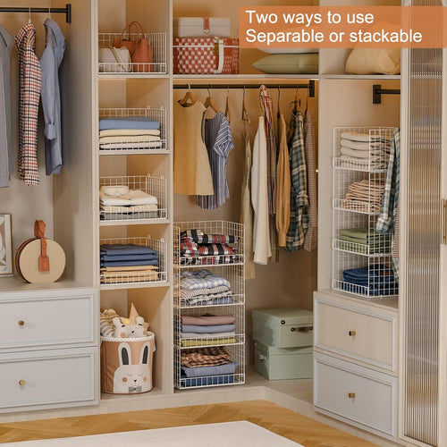4-Tier Stackable Closet Organizers and Storage Basket, Foldable Closet Shelf Organizer System, Space-Saving Clothes Storage Drawer Organizer for Wardrobe, White (Patent Pending)