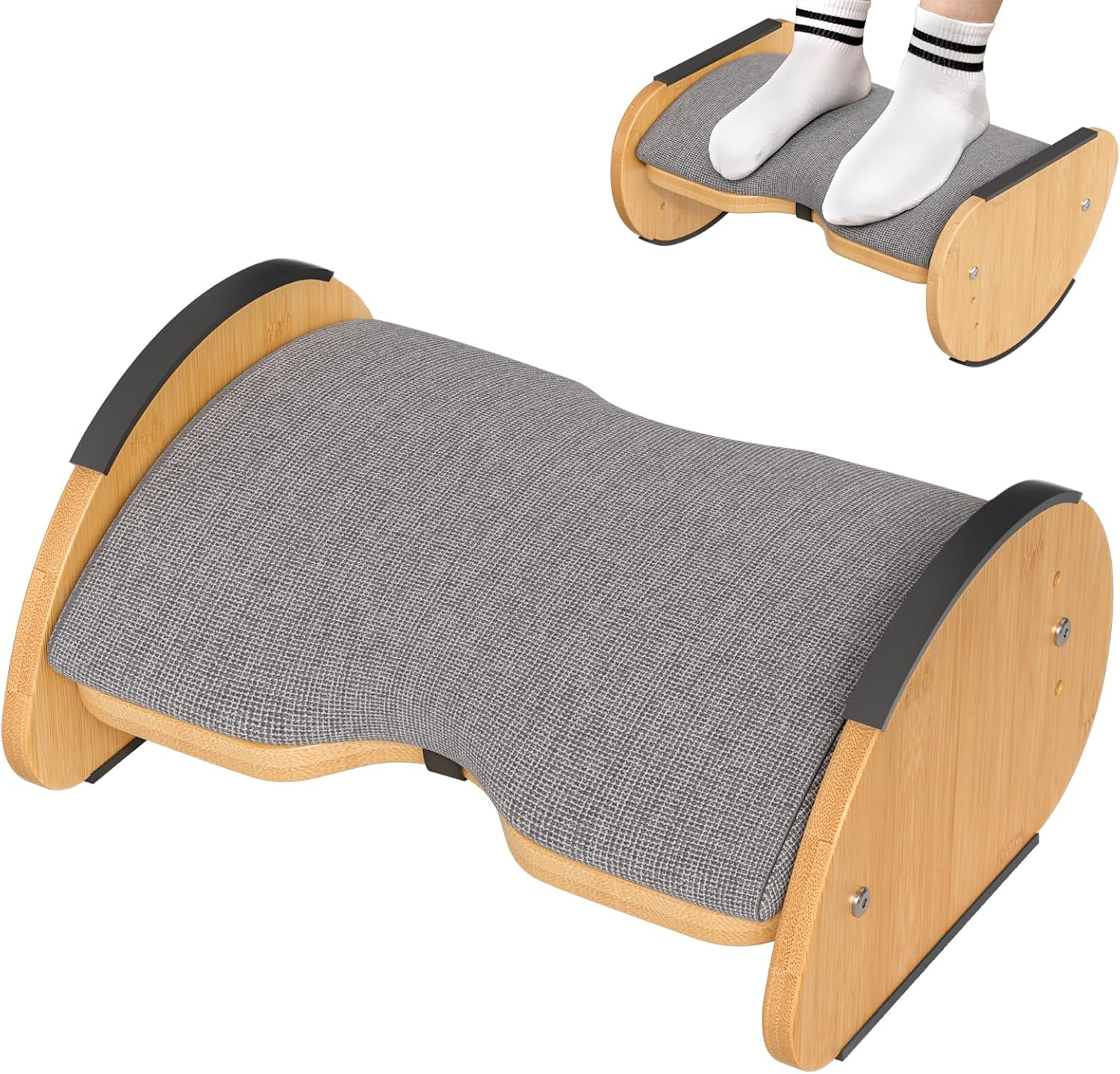 Amazer Bamboo Under Desk Footrest with Cushion 3-in-1, Reversible Ergonomic Wood Rocking Foot Rest for Under Desk at Work, Adjustable Foot Stools with Washable Cover, Desk Leg Rest for Home Office